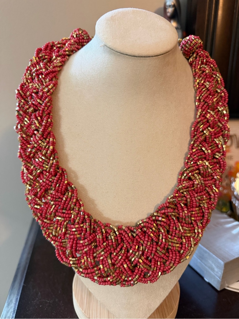 Red and Gold Beaded Braided Statement Necklace